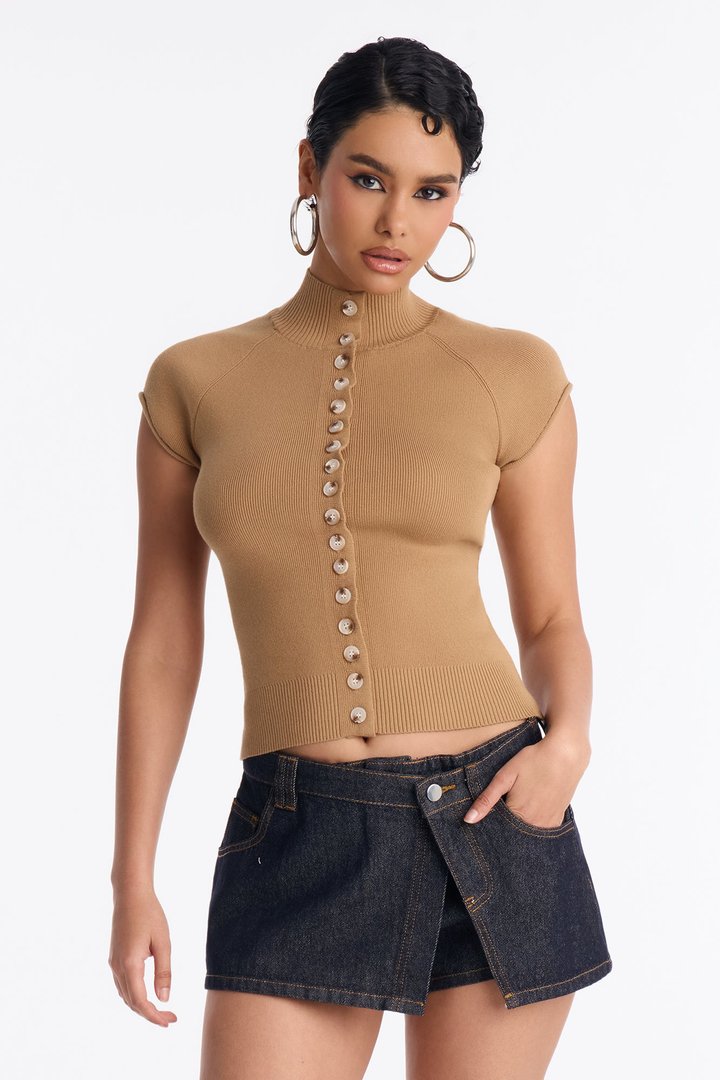 In A Daydream Mock Neck Cardigan Top - Taupe