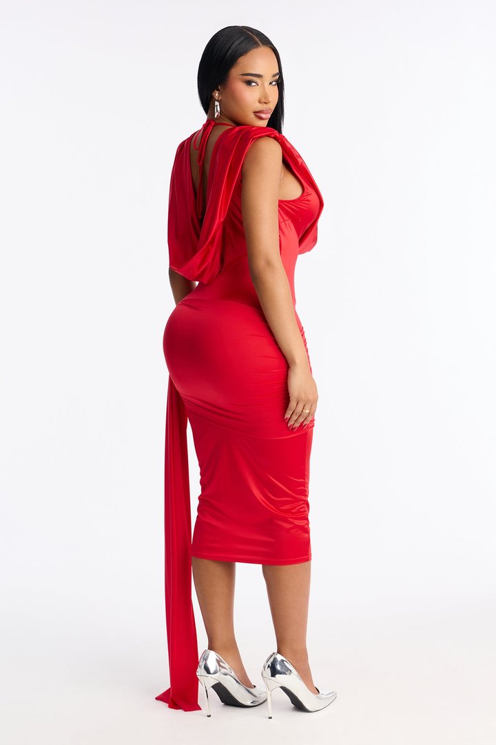 Gaia Ruched Draped Satin Midi Dress - Red