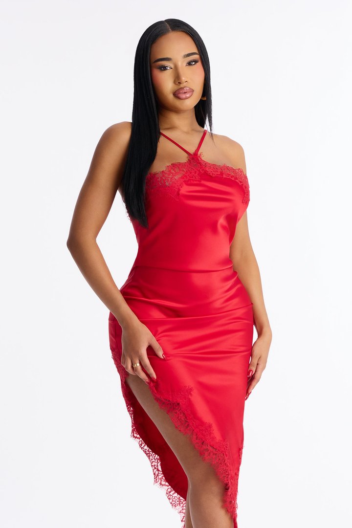 Blythe Lace Trim Satin Midi Dress - Red