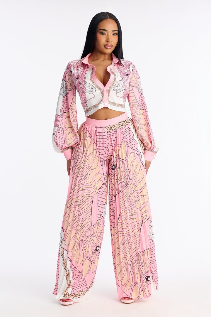 Marlene Satin Pleated Pant Set - Pink/combo