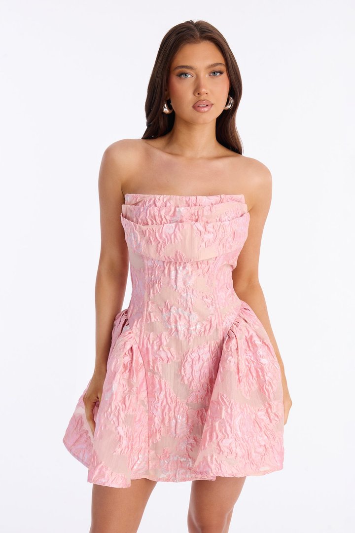 Royal Treatment Strapless Jacquard Mini Dress - Pink