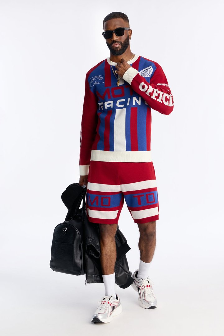 Retro Moto Stripe Sweater Shirt - Red