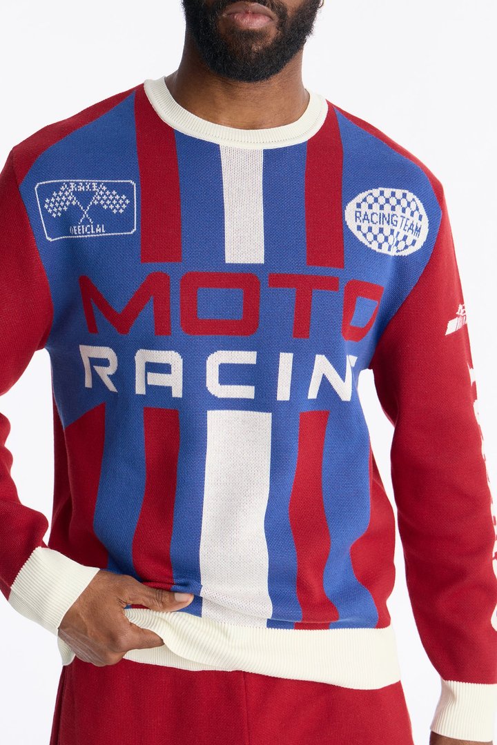 Retro Moto Stripe Sweater Shirt - Red