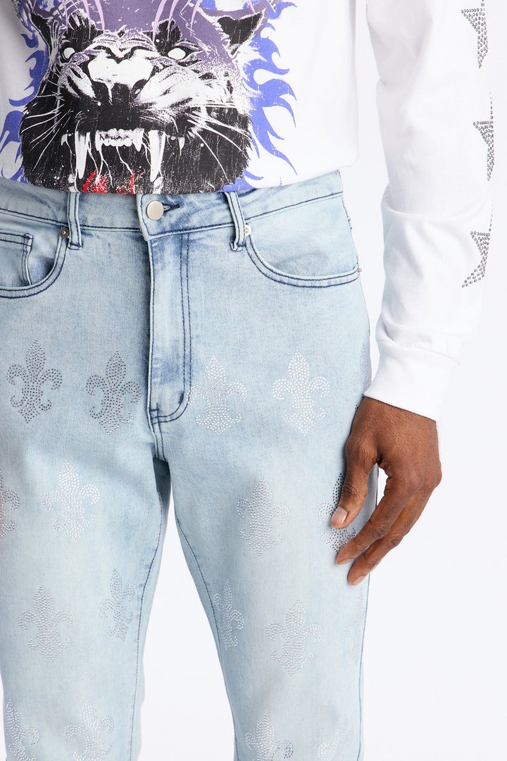 Stacked Skinny Flare Street Monarch Jeweled Jean - Light Wash