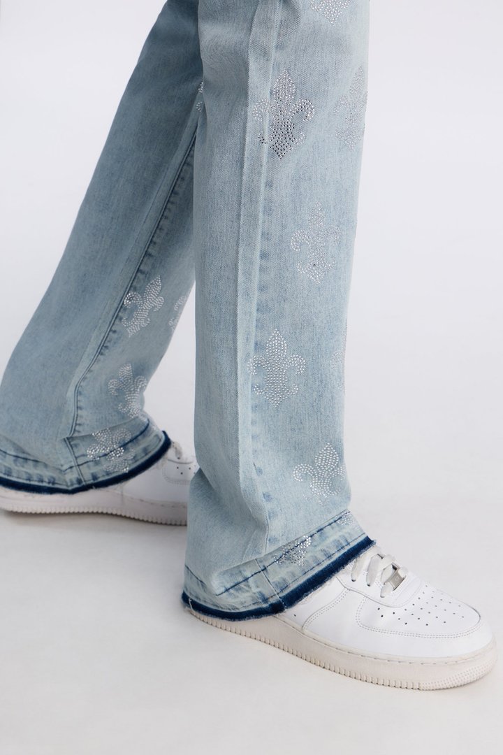 Stacked Skinny Flare Street Monarch Jeweled Jean - Light Wash