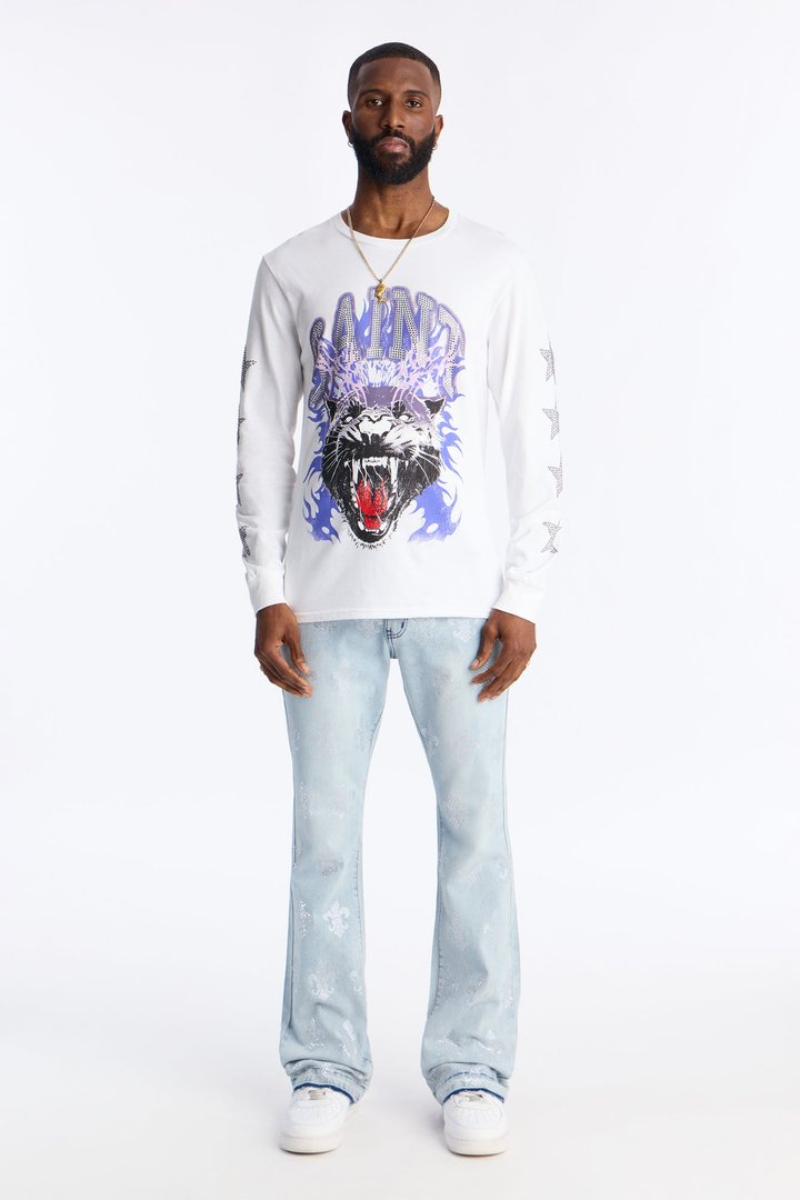 Stacked Skinny Flare Street Monarch Jeweled Jean - Light Wash