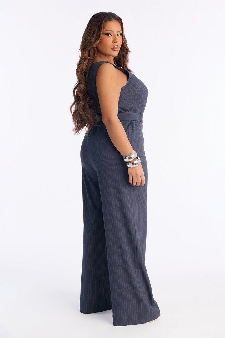 Rylie Pinstripe Belted Jumpsuit - Grey
