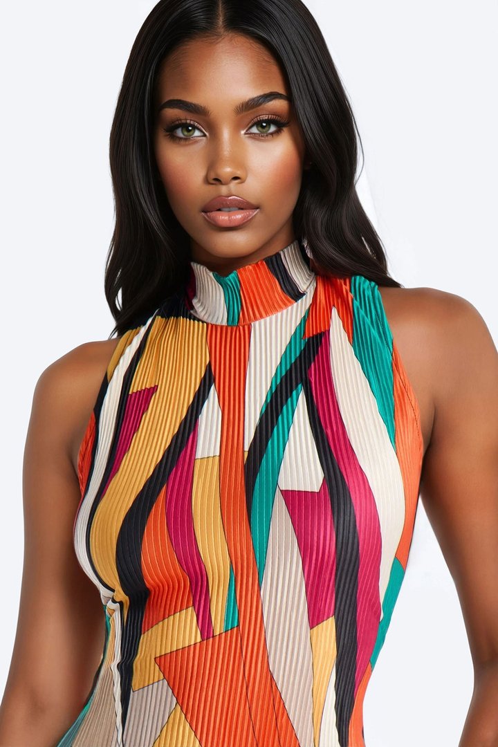Isa Plisse Mock Neck Maxi Dress - Multi Color
