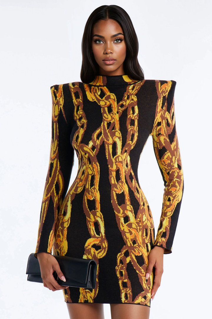 Let's Link Long Sleeve Sweater Mini Dress - Black/Yellow
