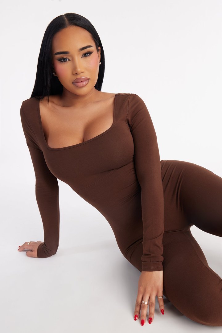 Selina Long Sleeve Flare Leg Jumpsuit - Chocolate