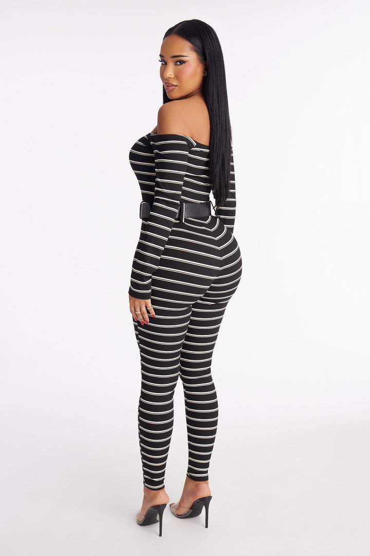 Jayna Striped Moment Belted Catsuit - Black/White