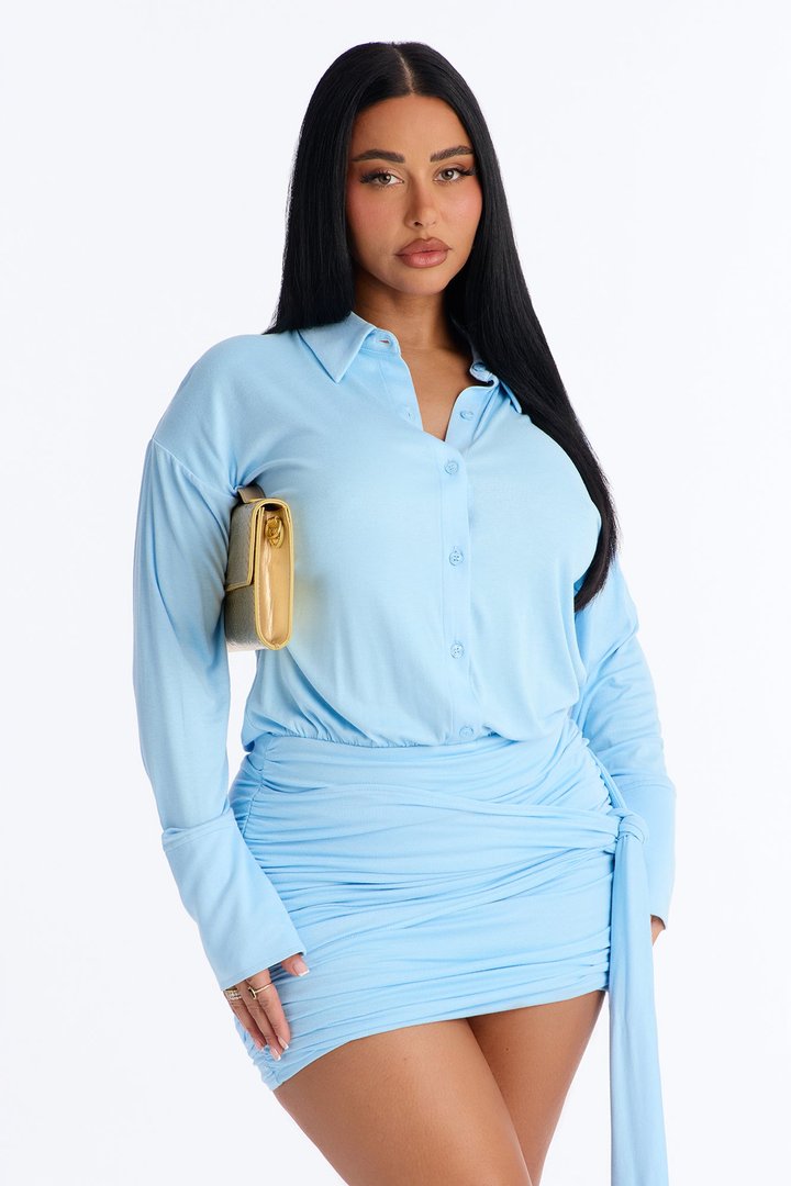 Thalia Draped Cotton Mini Dress - Light Blue