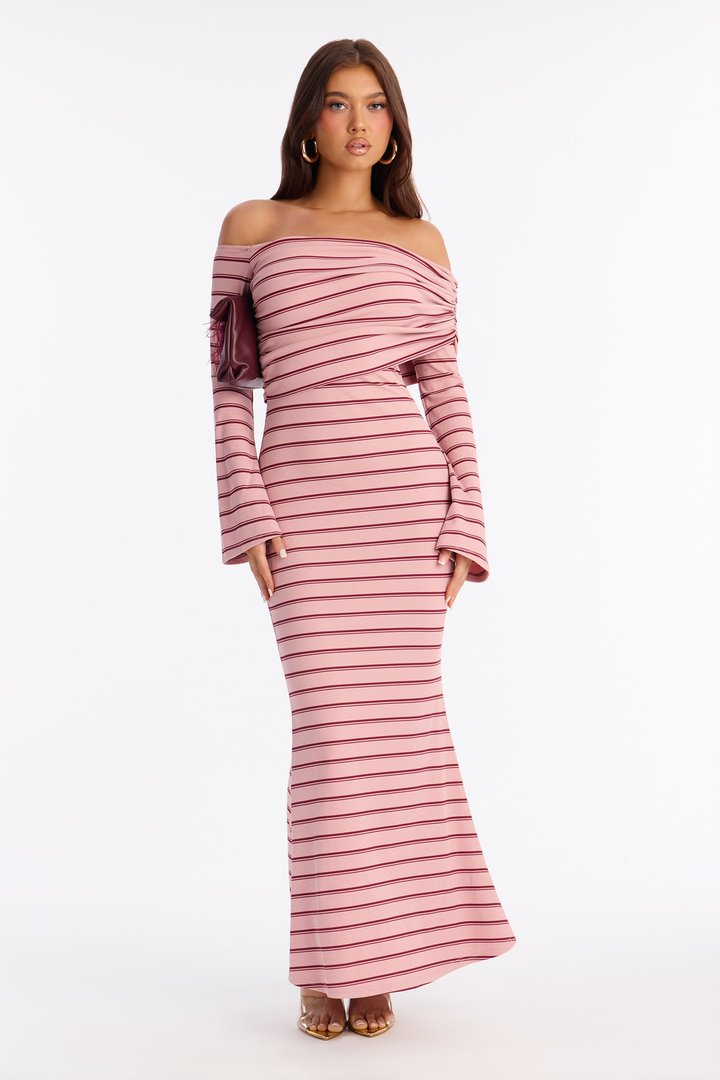 On The Daily Off Shoulder Ribbed Maxi Dress - Mauve/combo