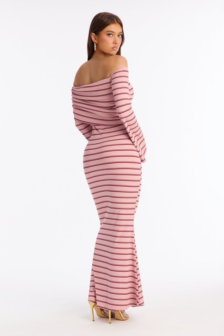 On The Daily Off Shoulder Ribbed Maxi Dress - Mauve/combo
