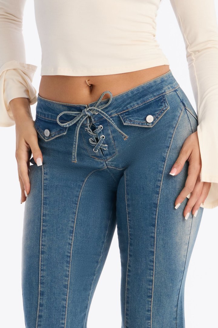 Sydney Lace Up Stretch Flare Jeans - Medium Wash