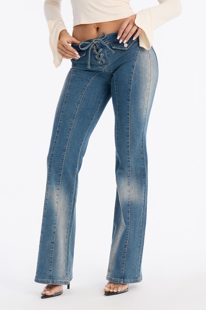 Sydney Lace Up Stretch Flare Jeans - Medium Wash