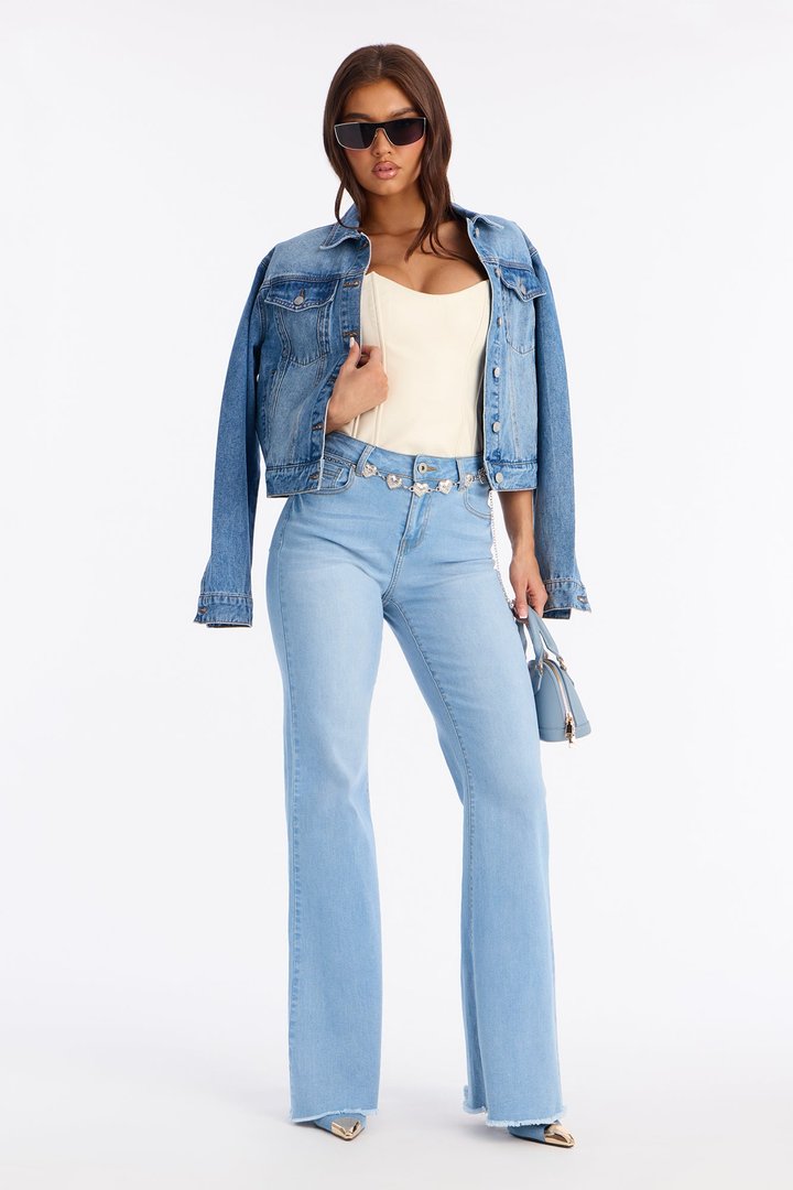 Stole My Heart Belted Soft Stretch Wide Leg Jeans - Light Wash