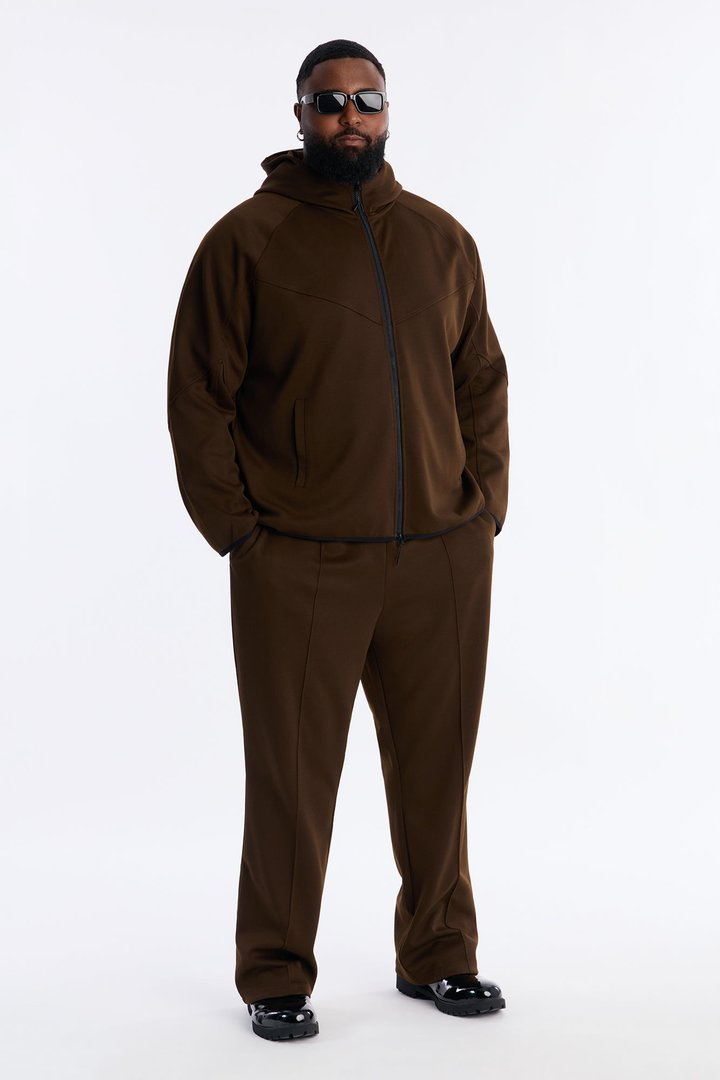 Structured Paneled Fleece Zip Up Hoodie  - Chocolate