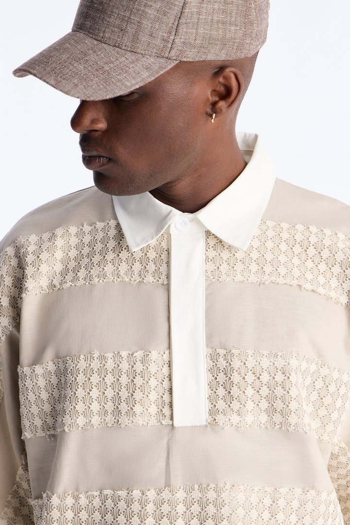 Oversized Net Motion Crochet Polo Shirt - Tan