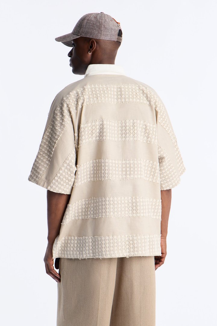 Oversized Net Motion Crochet Polo Shirt - Tan