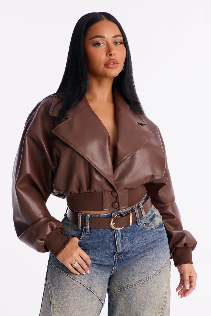Janet Cropped Faux Leather Moto Jacket - Brown