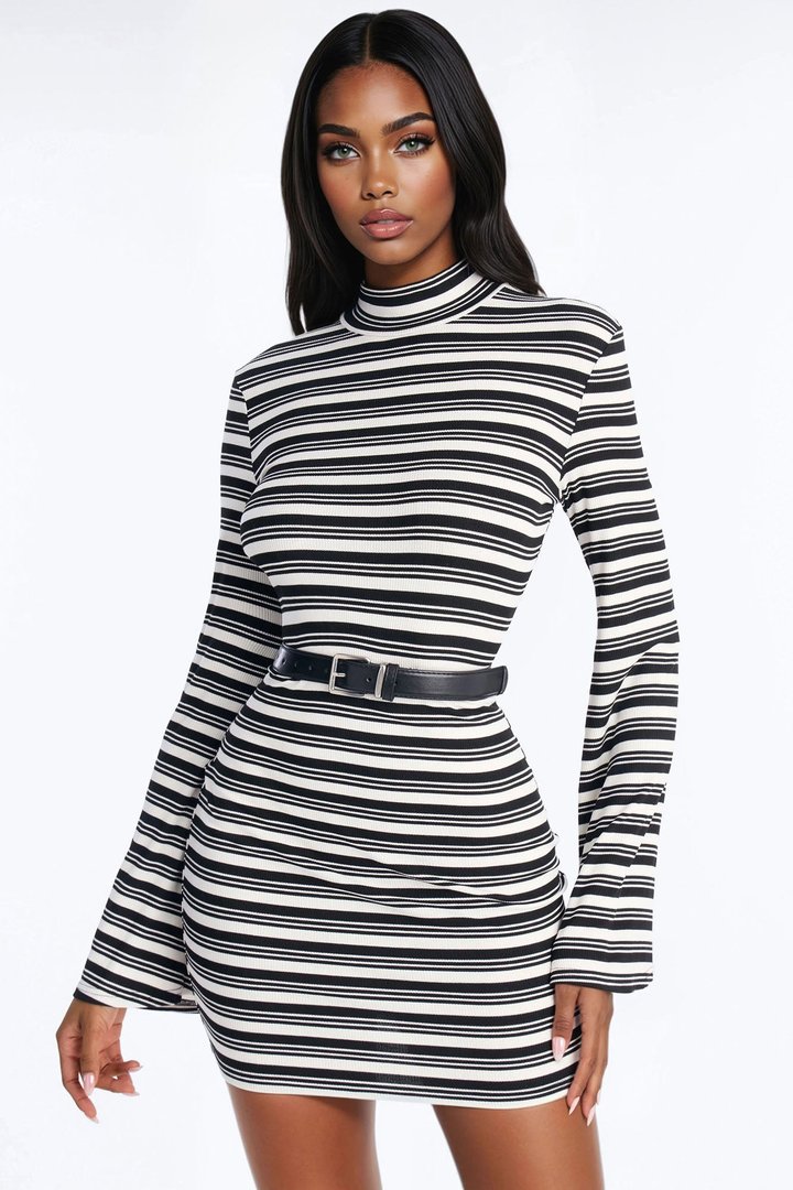 Rowan Belted Ribbed Mini Dress - Black/White