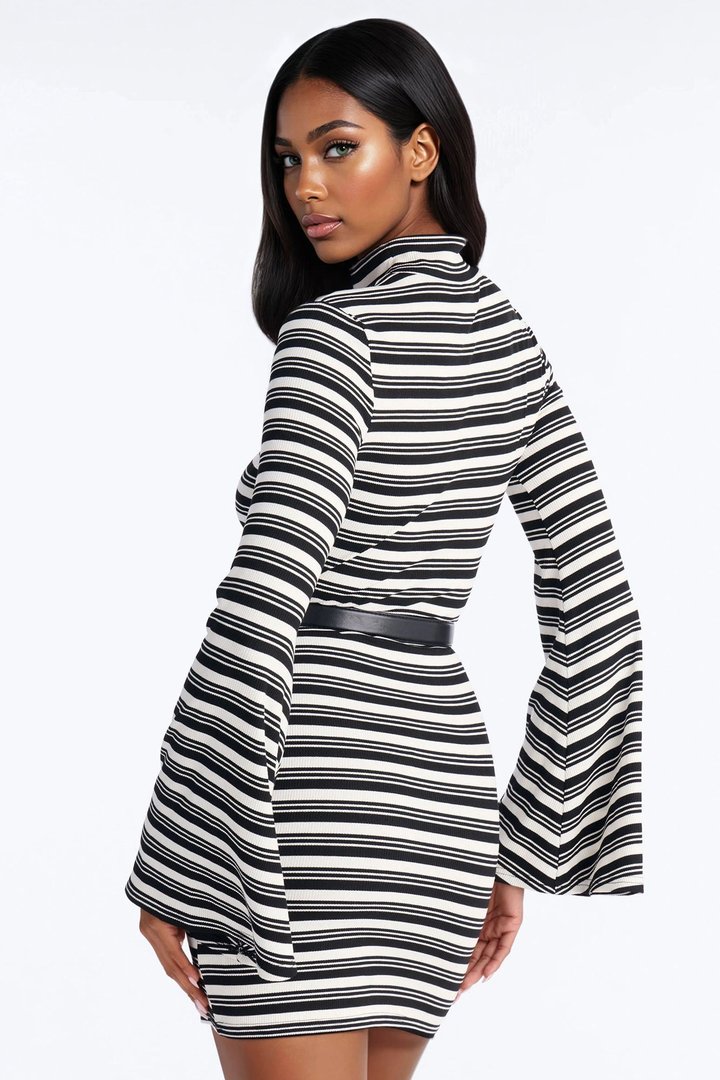 Rowan Belted Ribbed Mini Dress - Black/White