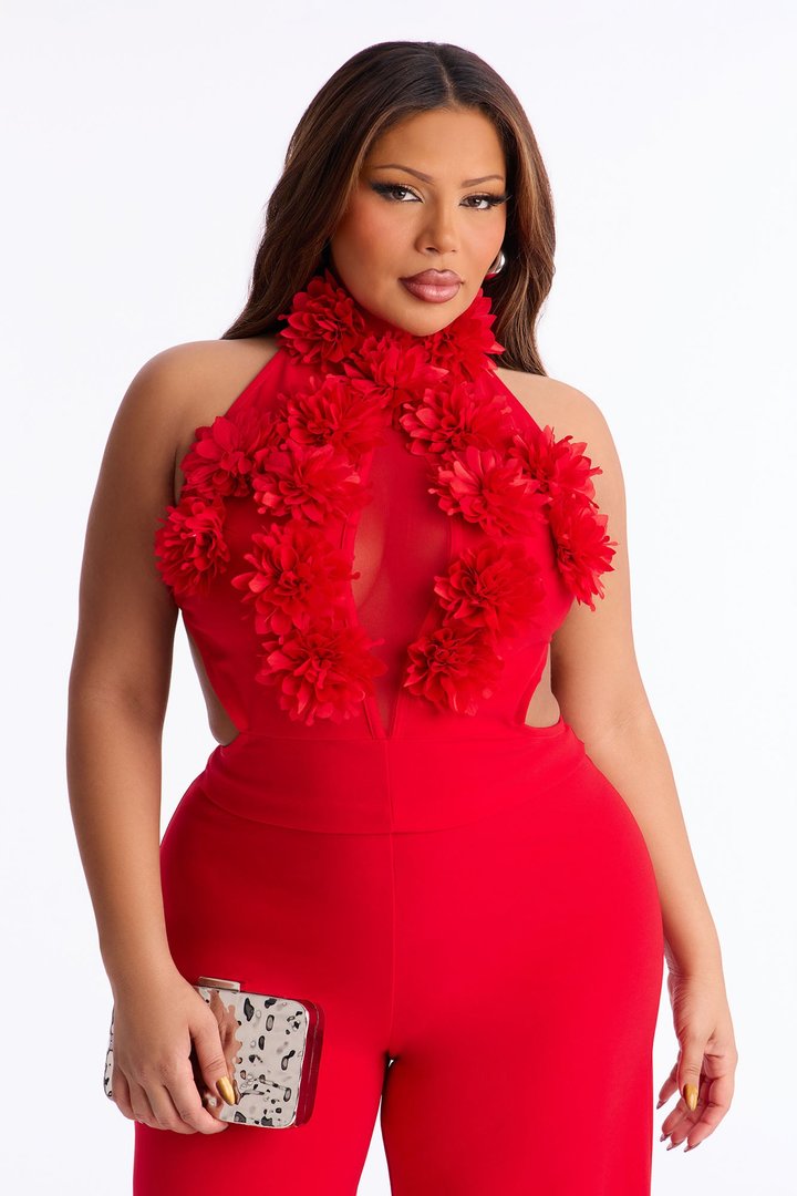 Kennedy 3D Floral Mock Neck Jumpsuit - Red