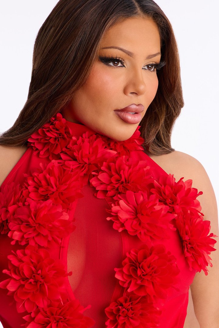 Kennedy 3D Floral Mock Neck Jumpsuit - Red