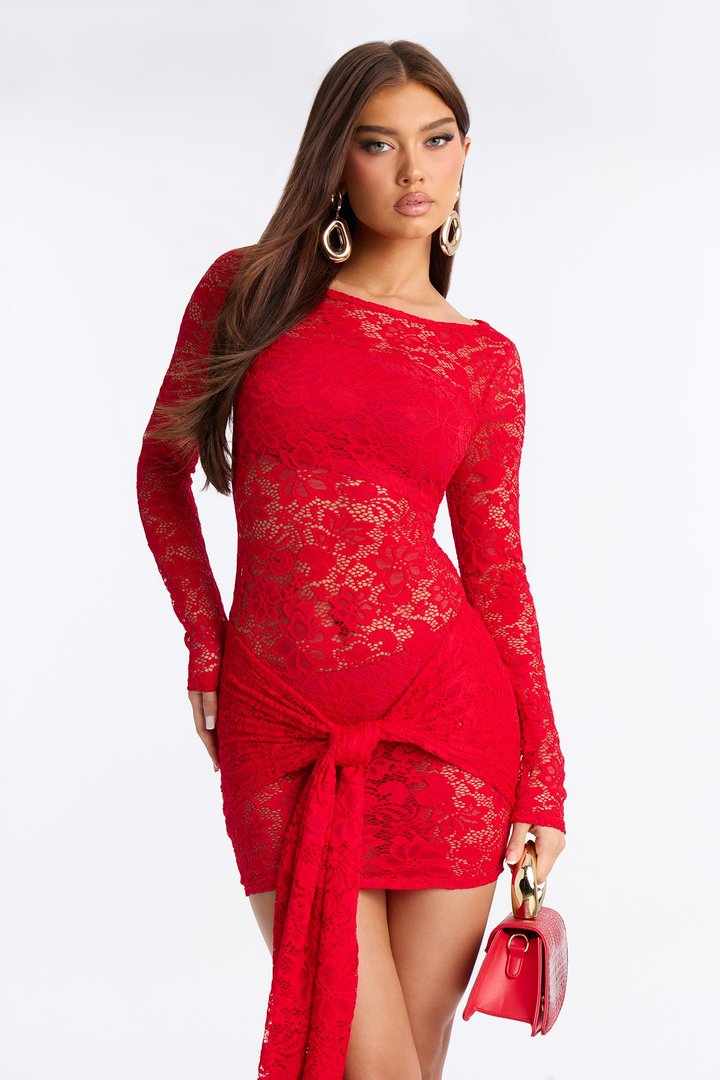 Kassandra Long Sleeve Lace Mini Dress - Red
