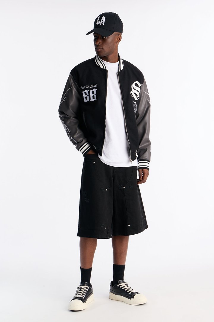 Grace Found Me Rhinestone Varsity Jacket - Black