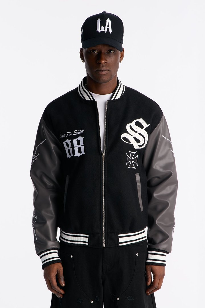 Grace Found Me Rhinestone Varsity Jacket - Black