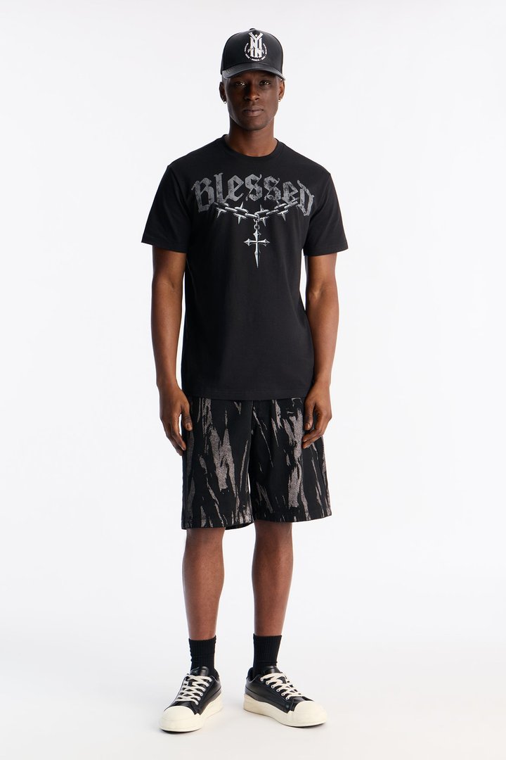 Relaxed Blackout Stripes Denim Short - Black/White