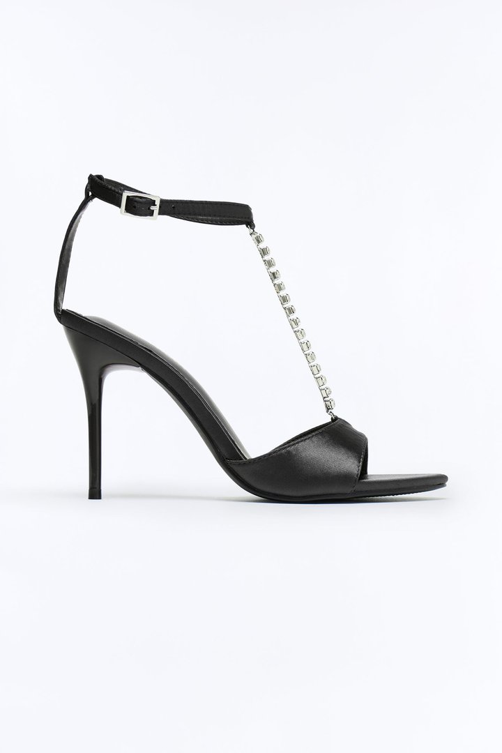 Nicky Rhinestone Satin Heels - Black