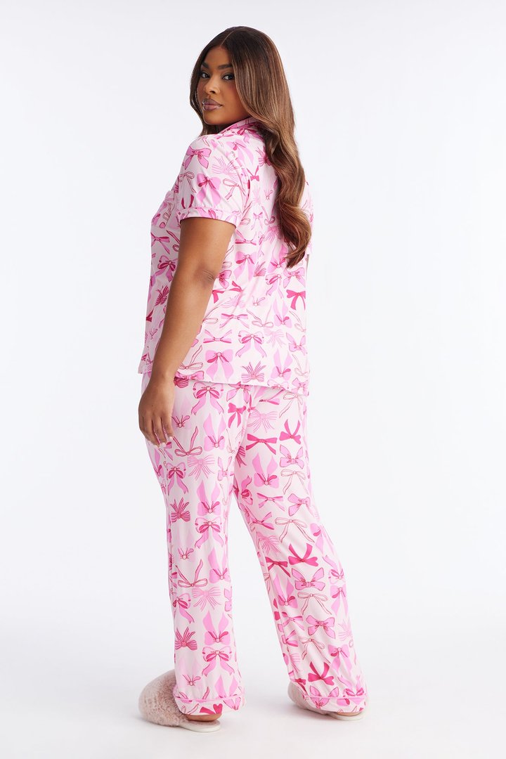 Ribbons And Bows Short Sleeve PJ Pant Set - Pink