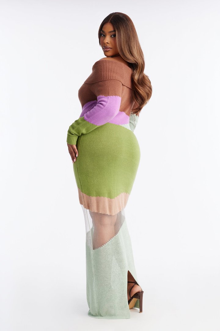 Shayna Off Shoulder Sweater Maxi Dress - Green/combo