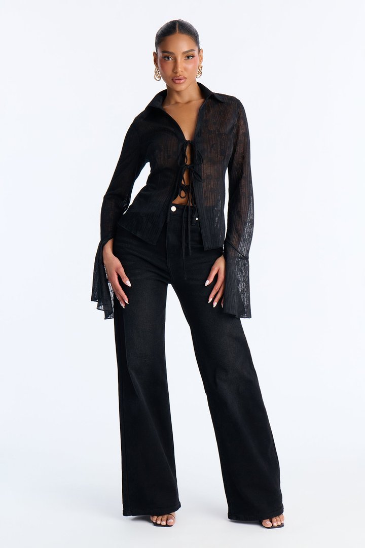 Emerson Textured Gauze Tie Long Sleeve Top - Black