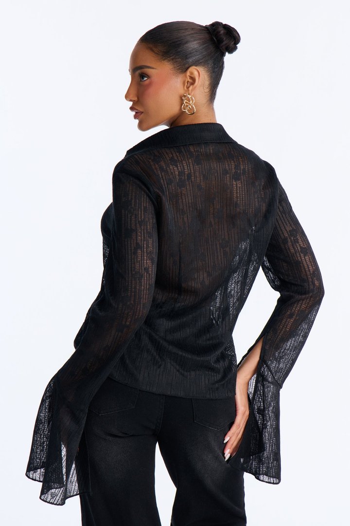 Emerson Textured Gauze Tie Long Sleeve Top - Black