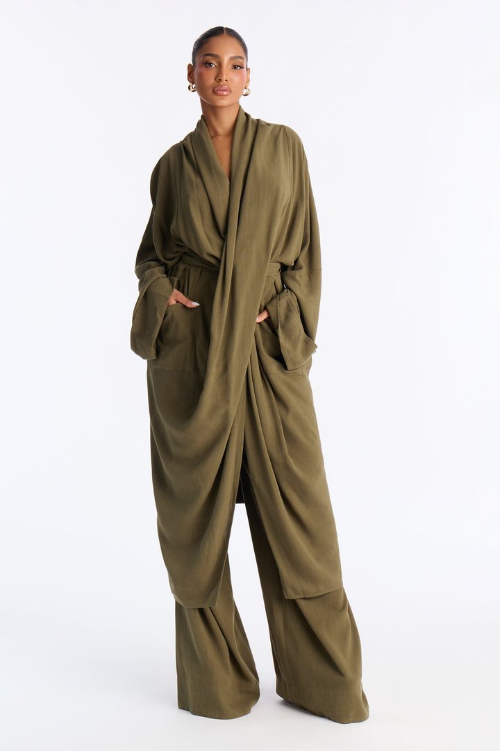 Renee Draped Linen Pant Set - Olive
