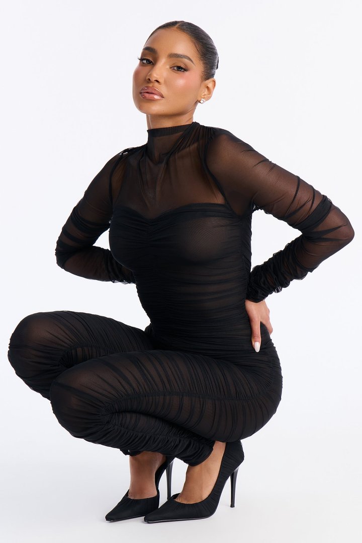 Burning Love Long Sleeve Mesh Jumpsuit - Black