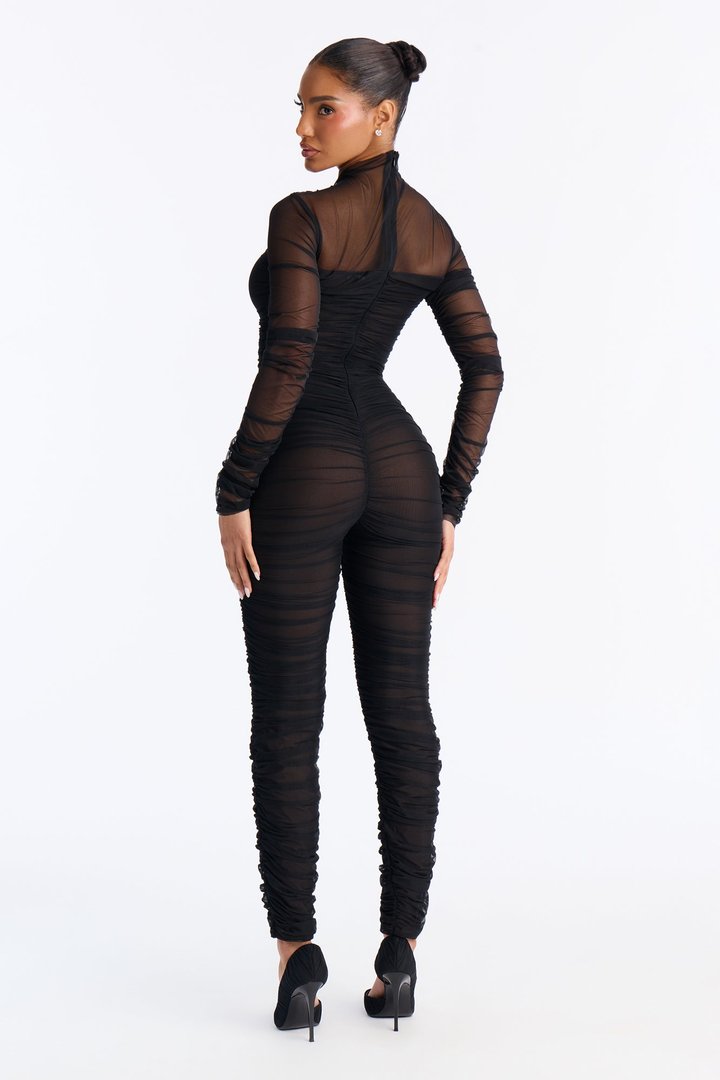 Burning Love Long Sleeve Mesh Jumpsuit - Black
