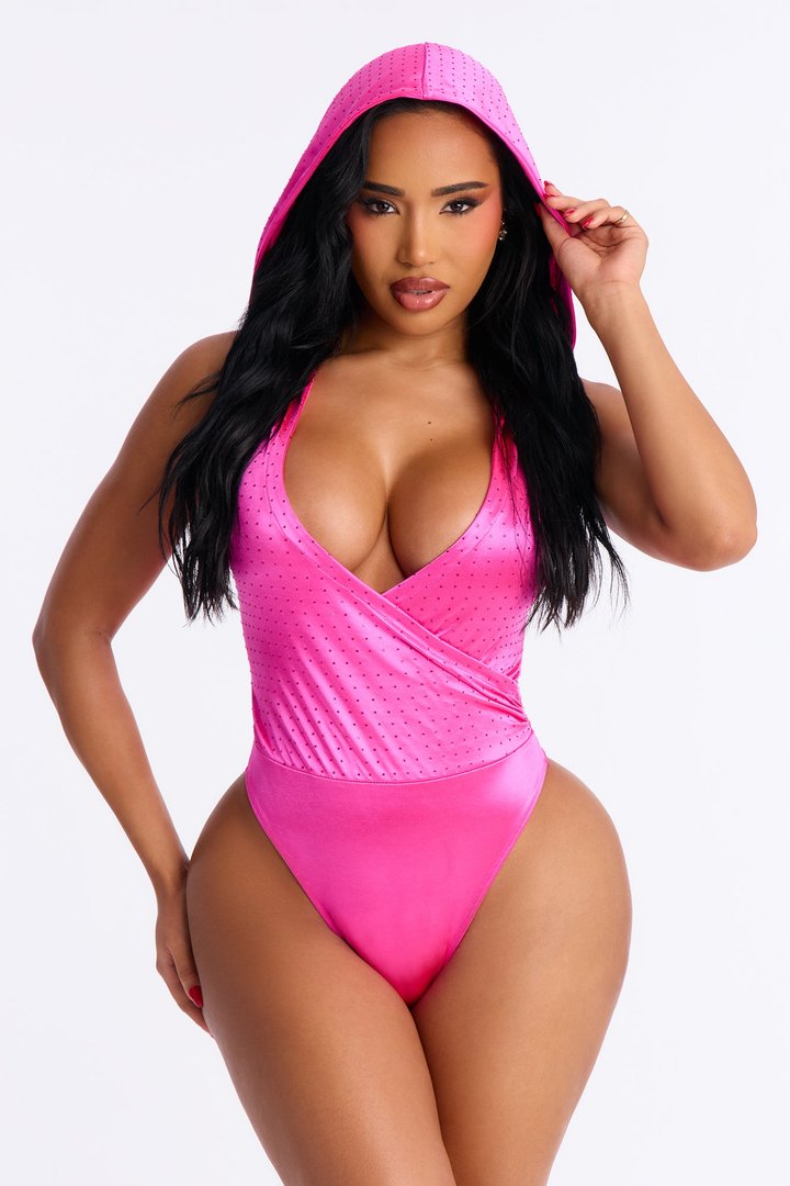Lover In Disguise Rhinestone Hooded Teddy Bodysuit - Fuchsia