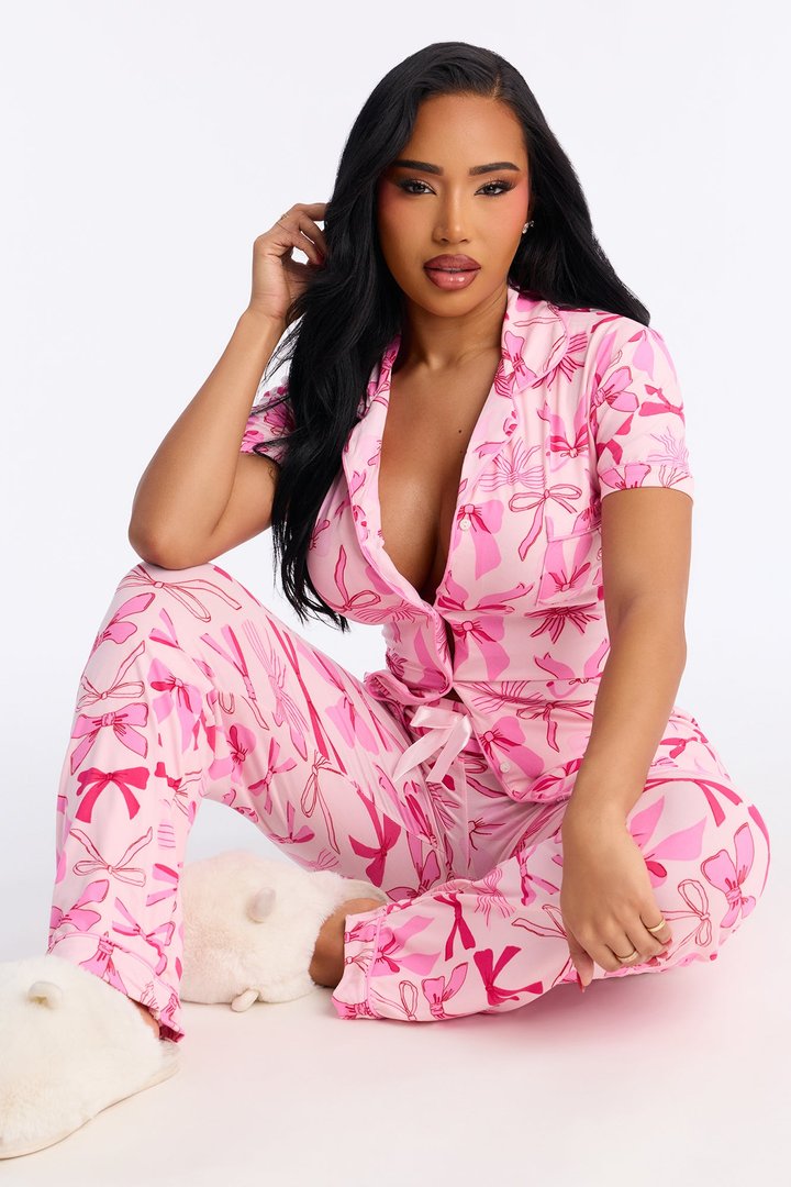 Ribbons And Bows Short Sleeve PJ Pant Set - Pink