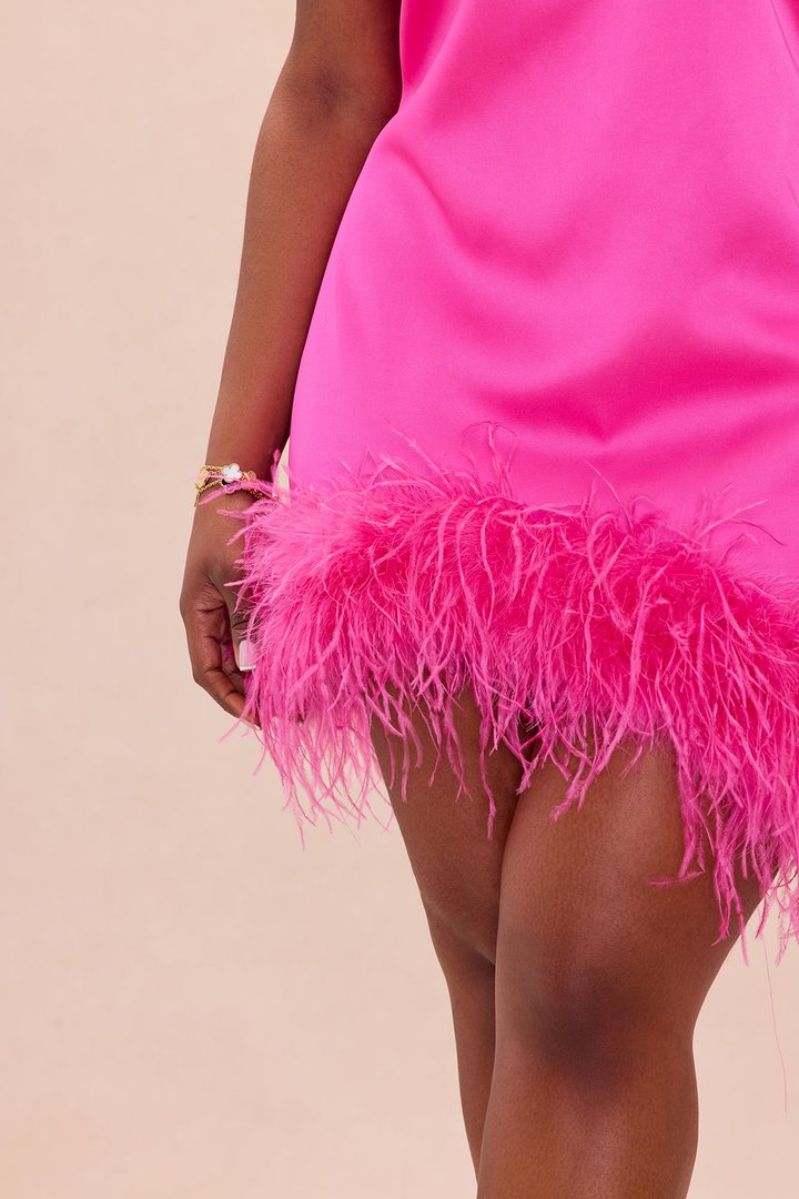 Kennedi Feathered Satin Mini Dress - Hot Pink