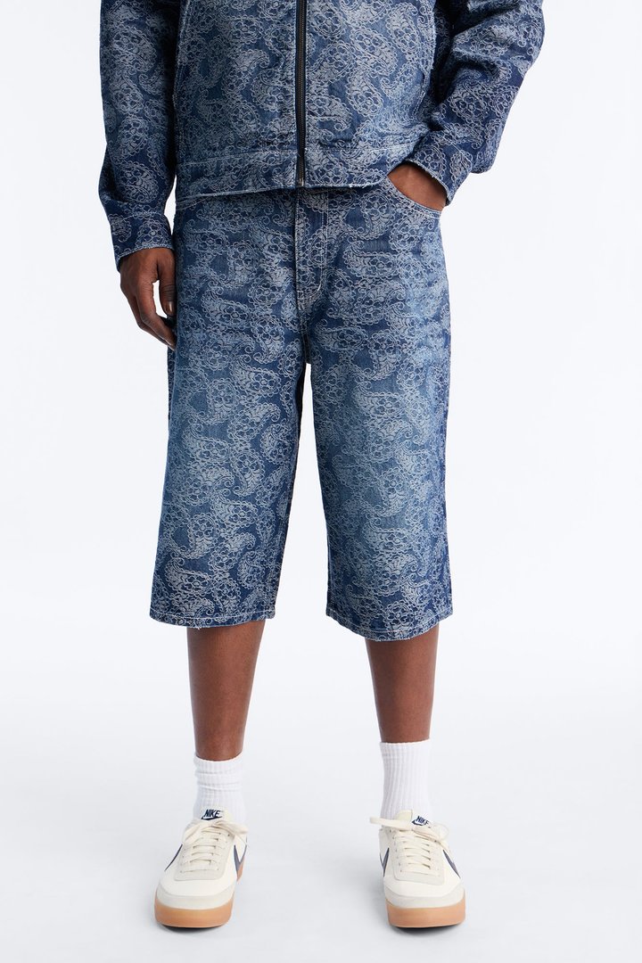Baggy Paisley Jacquard Denim Short - Dark Wash