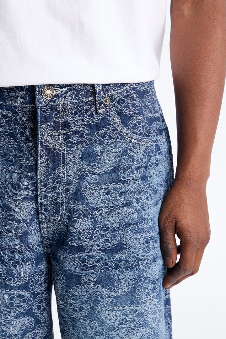 Baggy Paisley Jacquard Denim Short - Dark Wash