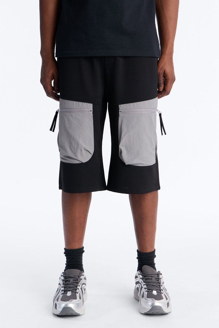 Relaxed Asymmetrical Waffle Tech Short - Black