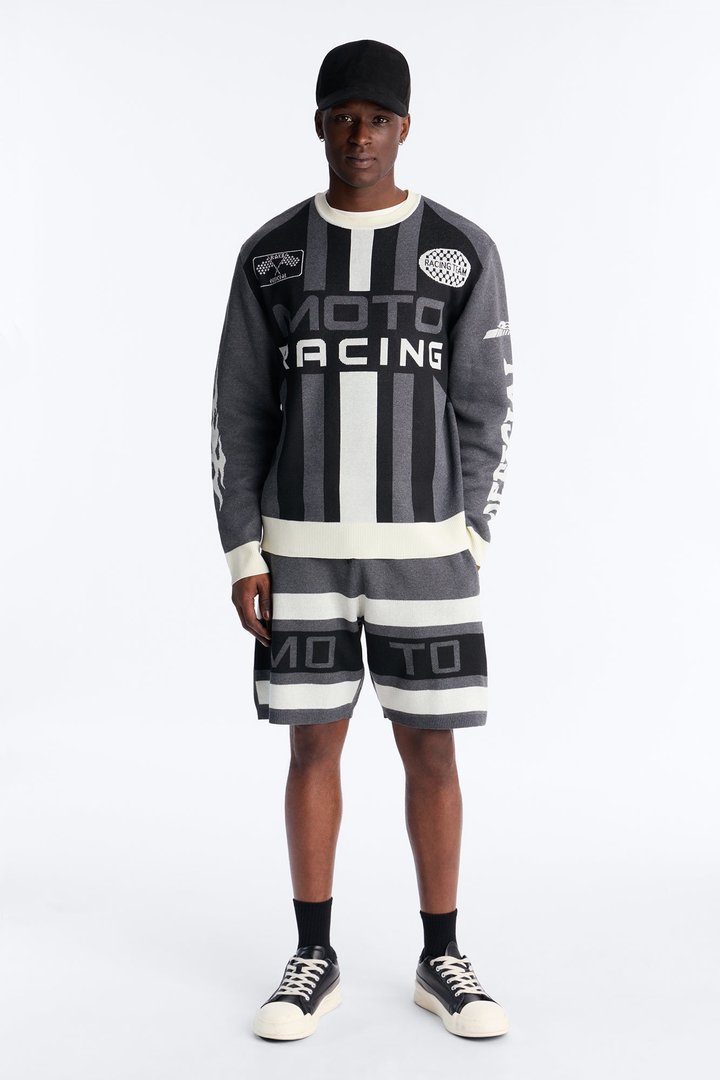 Retro Moto Stripe Sweater Shirt - Grey