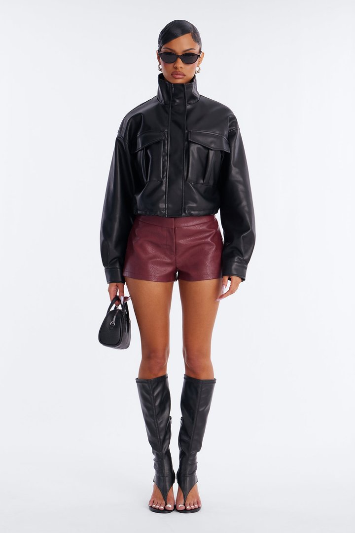No Hard Feelings Faux Leather Cropped Bomber Jacket - Black