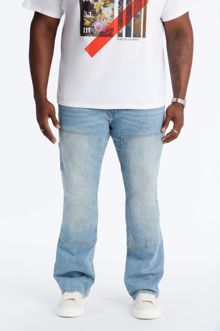 Stacked Skinny Flare Textured Carpenter Jean - Light Blue Wash